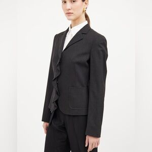 Max Mara Weekend Gray Virgin Wool Blend Ruffle Front Blazer Jacket Size 14